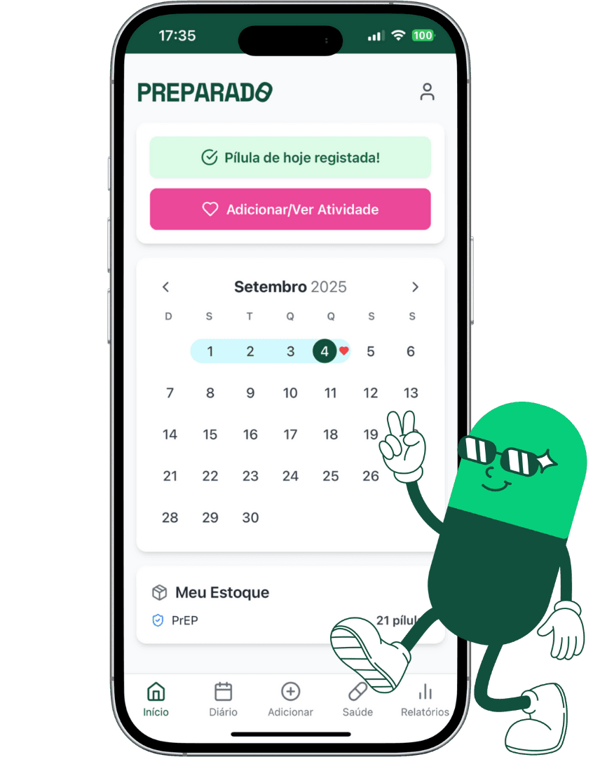 Demonstração do aplicativo Preparado em um celular, com o mascote ao lado